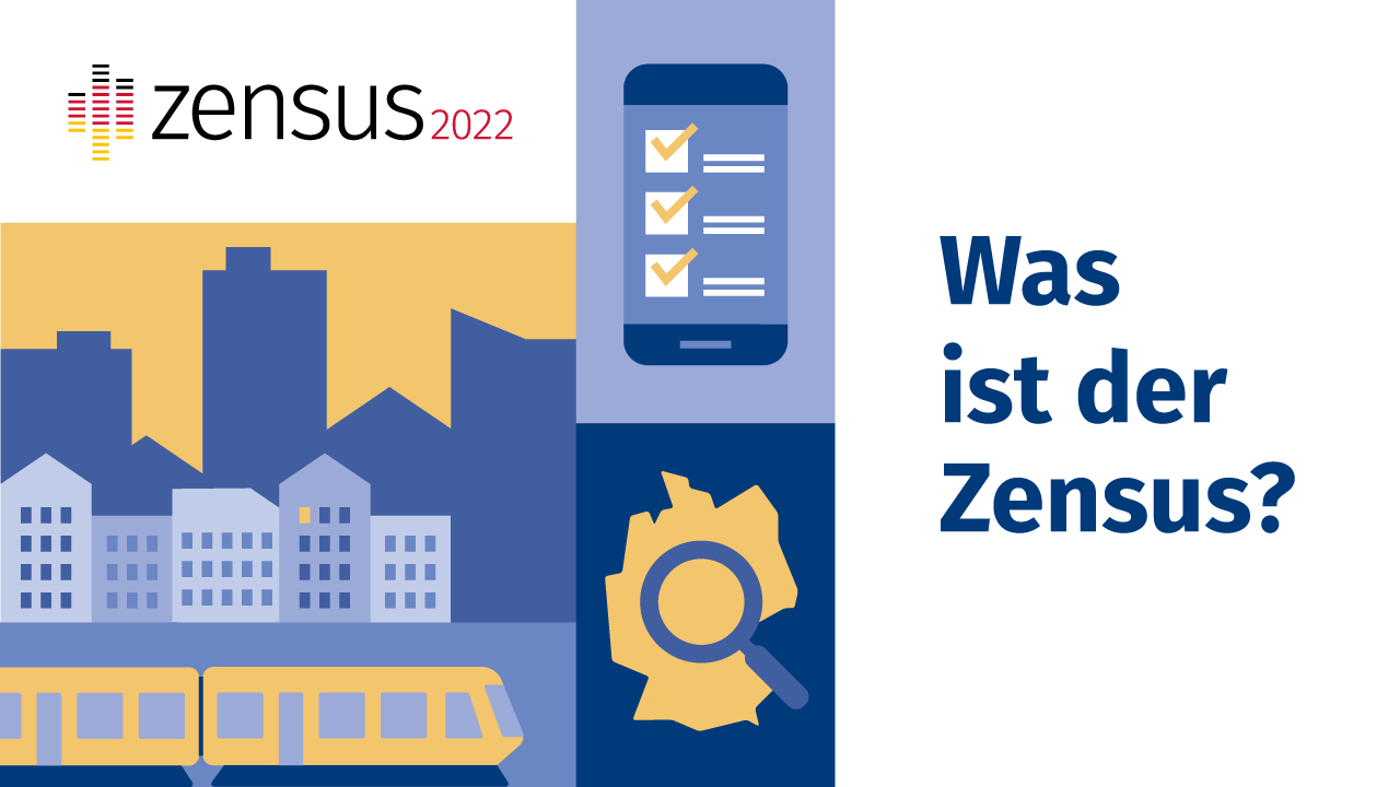 Diese Illustration zeigt einen Zug, Häuser, ein Smartphone und den Schriftzug "Was ist der Zensus?"