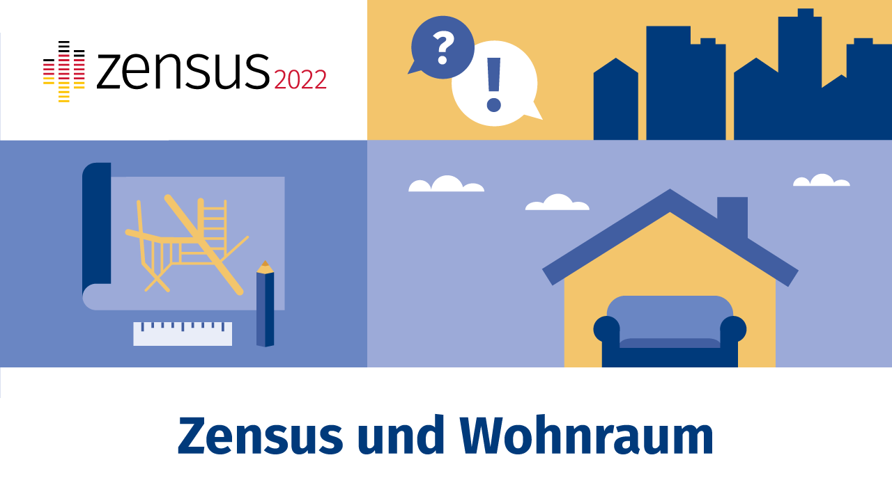 Diese Illustration zeigt ein Haus, eine Häuserlandschaft, einen Stift und den Schriftzug "Zensus und Wohnraum"